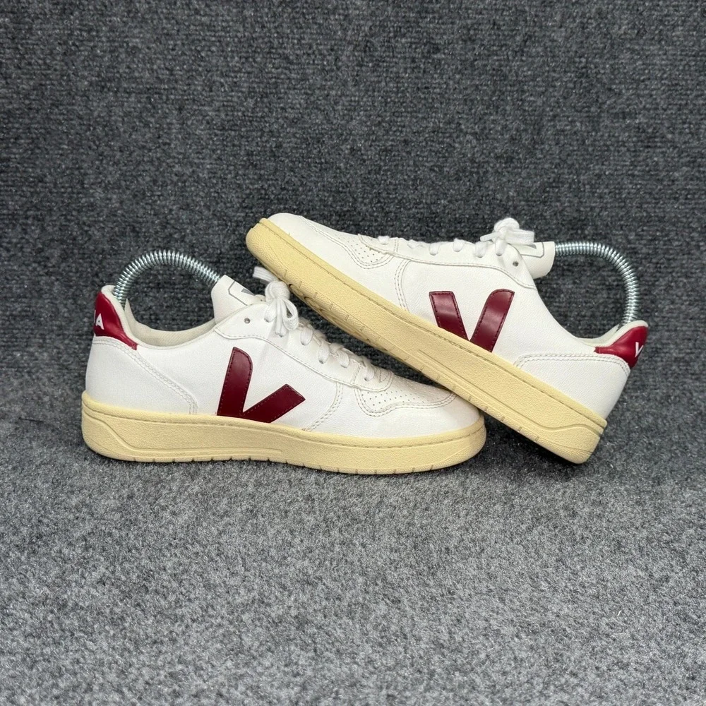 Veja V-10 Sneakers Womens 5 White Maroon Leather Low Lace Retro Athletic Sneaker